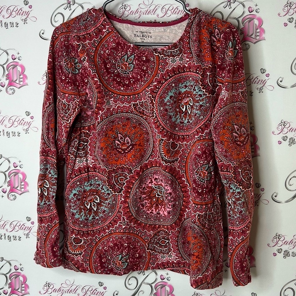 Talbots long sleeve stretchy boho Red and Pink Paisley Blouse top